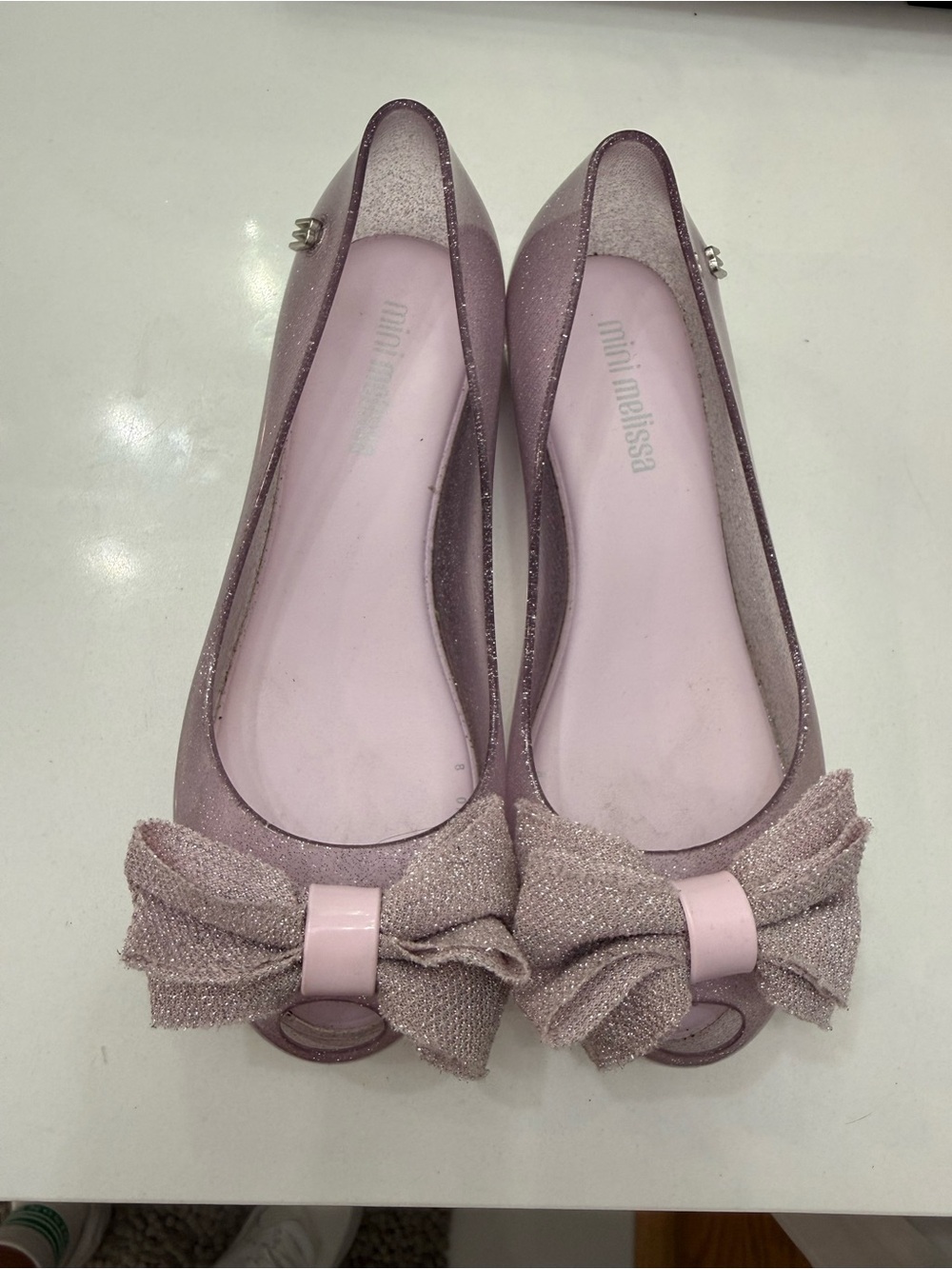 Mini Melissa Dusty Pink Glitter Bow Flats